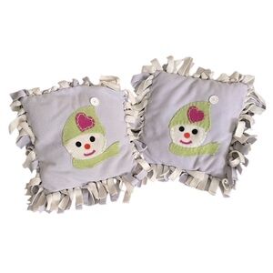 Hand Crafted Holiday Accent Pillows Fringed Fleece Covered with Snowman Patch